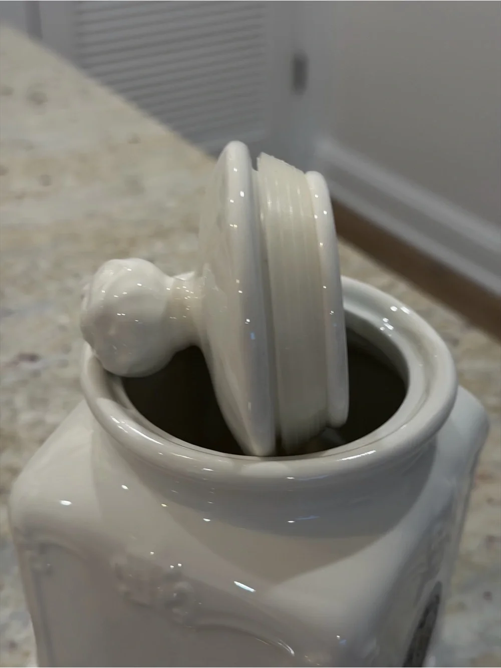 THL White Ceramic Tea Canister Jar with Lid Embossed Floral Kitchen Storage 7.5”